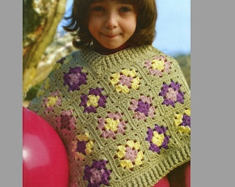 Classic Kids Granny Square Poncho Crochet Pattern, Instant Digital Download pdf, Girl Boy 70s Clothing, Vintage Vibes!