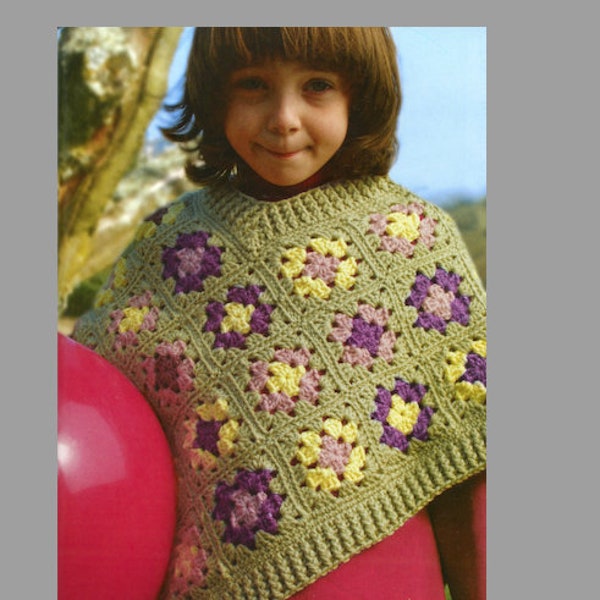 Classic Kids Granny Square Poncho Crochet Pattern, Instant Digital Download pdf, Girl Boy 70s Clothing, Vintage Vibes!