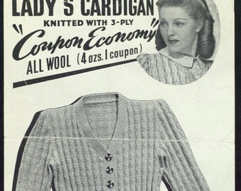 1940s Cardigan Sweater Knit Pattern pdf 34" Bust, Instant Digital Download, Art Deco Style