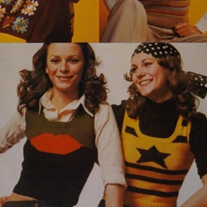 3 Nifty Knit Sweater Vest Patterns pdf Instant Digital Download, Retro 70s Tops Lips, Star, Stripes & Grannies
