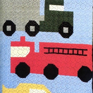 Patrón de manta de crochet, ¡Cars, Trucks, Zoom, Zoom!, Manta infantil afgana con gráfico de cuadros de la abuela, descarga digital instantánea en PDF, Camión de bomberos