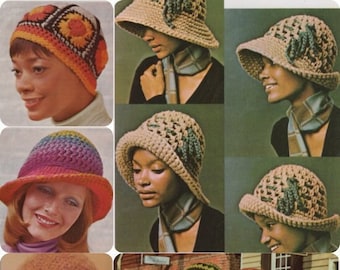 6 Crochet Hats Patterns ebook PDF, Granny Squares Cap Rainbow Brim Mohair Tam, Easy Single Crochet Option, Versatile Cloche, 1970s Vibes!