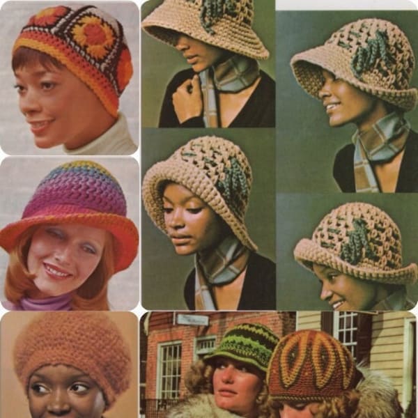 6 Häkelmützen Anleitungen ebook PDF, Grandma Squares Cap Regenbogenrand Mohair Tam, einfache Einzelhäkeloption, vielseitige Cloche, 1970er Jahre Vibes!