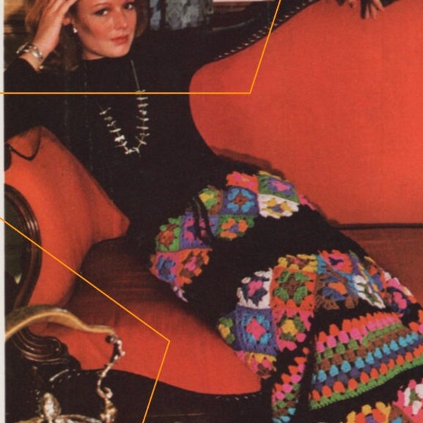 Granny Square Skirt Crochet Pattern pdf 1970s Funky Vibe, Instant Digital Download pdf Long Skirt Hip Size 32" 33" 34" 36" 38" 40"