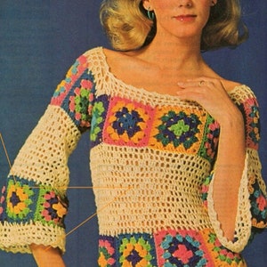 Crochet Top Pattern, Vintage Granny Square Blouse Pattern Womens Pullover Sweater, Instant Digital Download pdf, Beach Cover Retro Sweater