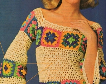 Crochet Top Pattern, Vintage Granny Square Blouse Pattern Womens Pullover Sweater, Instant Digital Download pdf, Beach Cover Retro Sweater