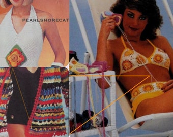 6 Vintage Granny Square Summer Crochet Patterns Bikini Top and Short Shorts, Halter Top and Bikini Coverup Instant Digital Download pdf