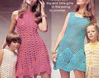 2 patrones de ganchillo para minivestidos de encaje de malla, descarga digital instantánea en PDF, estilos retro: corte en A y sin mangas.