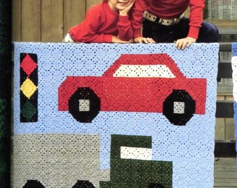 Child's Afghan Granny Square Motif 1970s Crochet Blanket Pattern, 44x66 Car Truck Fire Engine Hot Wheels Boy Girl Decor