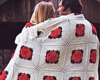 Rose Floral Granny Square Blanket Crochet Pattern pdf from the 70s, Instant Digital Download pdf, Groovy Granny Retro Vibes!