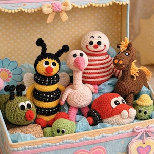 10 knuffels gehaakte dierenpatronen — Turtle Bee Flamingo Horse Lieveheersbeestje Sneeuwpop & Clown, Puzzels en Stapelbaar!