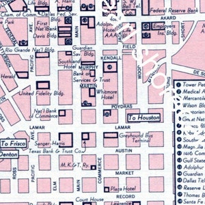 1960er Jahre pink Dallas Texas Stadt Straßenkarte, einfacher sofortiger Download druckbar zu Hause Vintage MCM Wandkunst