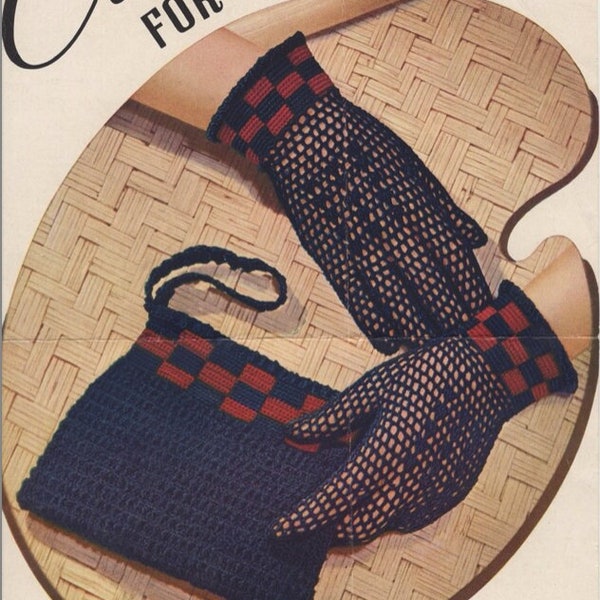 2 Crochet Mesh Gloves Patterns pdf and Wristlet Wallet with Checkered Detail, So 1940s!