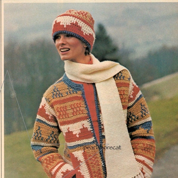 Retro 70s Southwestern Crochet Cardigan and Hat Patterns - Vintage Style for the Fashion-Forward