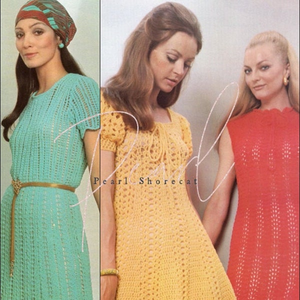 3 Dress Patterns, 2 Crochet 1 Knit Empire Waist, SM Sizes 6-12, 70s Style Clothing, Instant Download pdf, Summer Lace Dresses