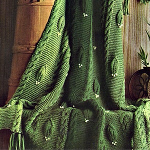 Rustic Green Leaf Blanket Knitting Pattern in Garter Stitch and Cable Pattern pdf Instant Digital Download, So Cottagecore!