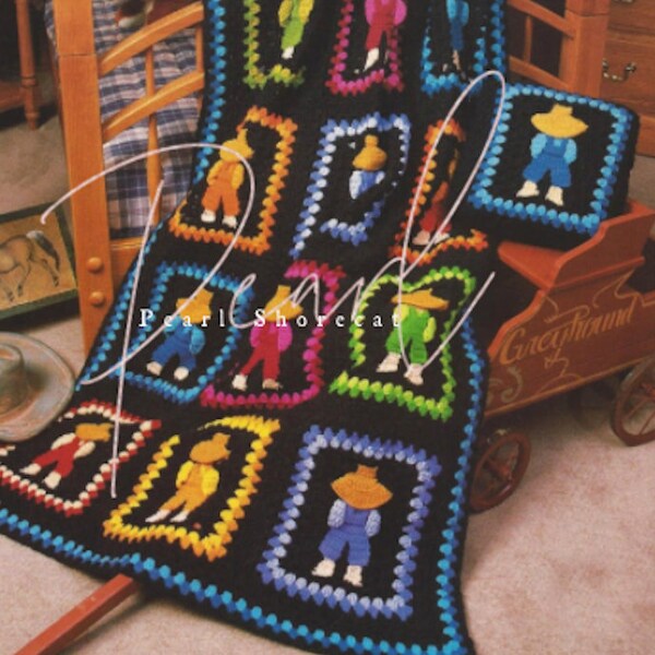 Overall Sam Crochet Blanket Pattern, Vintage 70s Two Sizes Child 41x59 Adult 41x72, Instant Digital Download pdf Ebook