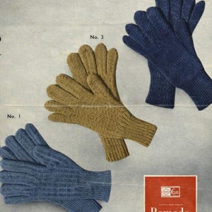 May include: Three pairs of knitted gloves in shades of blue and tan are displayed on a light background. The gloves are labeled No. 1, No. 2, and No. 3. A red and white Ramada wool label is in the lower right corner.