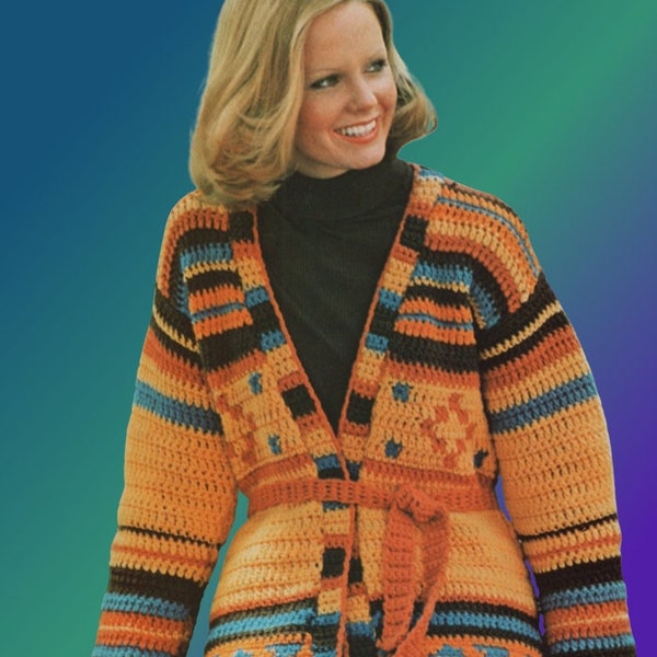 Southwestern Jacket Crochet Pattern Retro Motif, Instant Digital Download pdf eBook, Easy Aztec Sweater Single and Double Crochet SML