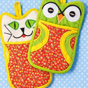 2 Vintage 60s,  Cat Face and Owl,  Hot Oven Mitts and Pot Holder Sewing Patterns pdf,  Instant Digital Download Retro Vibes!