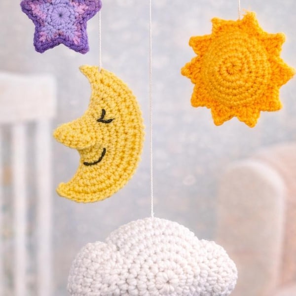 20" Sun Moon Cloud Star Rainbow Baby Nursery mobiel haakpatroon, instant digitale download pdf, Adorbs!