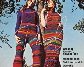 Festival Outfit Bell Bottoms Overalls Long Maxi Skirt & Boho Sweater Vest Crochet Patterns, 70s Retro Jumper, Instant Digital Download pdf