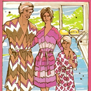 May include: Three people wearing colorful robes with geometric patterns. The robes are brown, white, pink, and purple with zig-zag and diamond patterns. The people are standing in front of a blue pool.