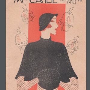 Katalog McCall Style News Grudzień 1932, Ulotka z informacjami o liczniku eBook, Wzory do szycia z lat 30. XX wieku, Sukienki z przewieszeniem przez ramię, Eleganckie peleryny i pelerynki
