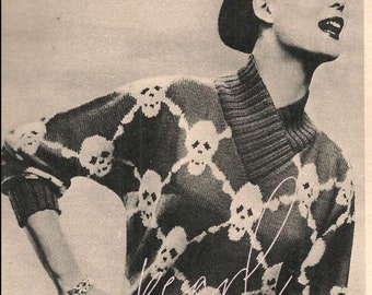 Vintage Sweater Knitting Pattern Skulls, Instant Digital Download pdf, MCM Knit Top Pattern