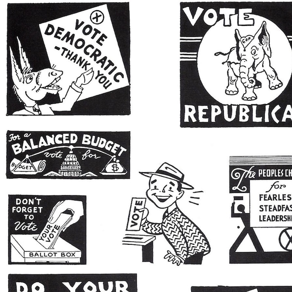 9 Vintage Vote Illustrations Clip Art Instant Digital Download pdf, 1930s 1940s and 1950s Advertisements, I Voted Stickers