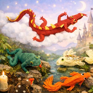 7 Magical Creatures Knitting Patterns - Large Red Dragon 30" Alligator Frog 12" Koi Fish, Instant Digital Download pdf