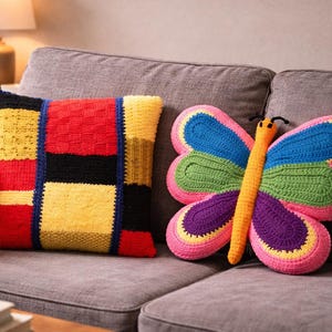 2 Vintage Crochet Pillow Patterns PDF – Colorful Patchwork Cushions & Butterfly Pillow, Retro 1970s Home Decor