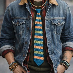 May include: A denim jacket with a corduroy collar, worn over a red plaid shirt and a green sweater. A blue, orange, and green striped crochet tie is the focal point. The person is wearing a brown hat, glasses, and beaded bracelets.