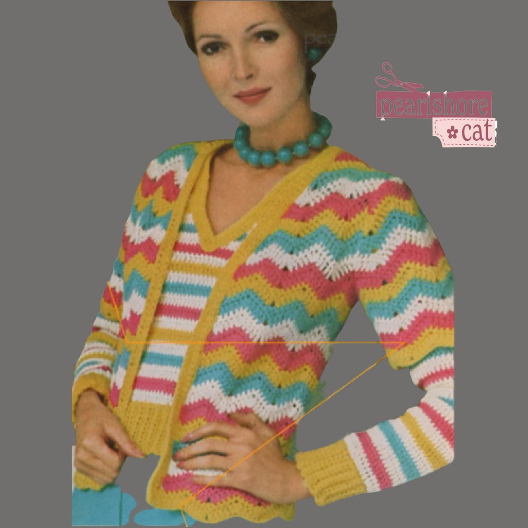 1970s Cardigan Sweater Set Crochet Pattern in Chevron Instant Digital