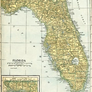 Kaart van de staat Florida van de jaren 40 kunst aan de muur afdrukbaar thuis, digitale download, vintage Thomas Guide in geel en groen
