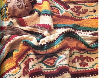 Native American Summer Crochet Blanket Pattern, Instant Digital Download pdf eBook, Southwestern Style Decor & 80s Navajo Vibes