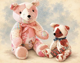 May include: Two stuffed teddy bears made from patchwork fabric. The larger bear features pink and white floral and plaid patterns with a pink ribbon. The smaller bear is crafted from red, white, and brown patterned fabric with a blue ribbon.