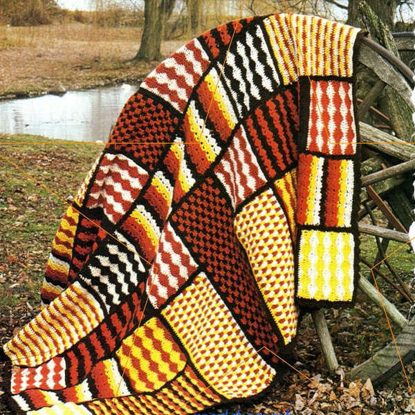 Retro Patchwork Crochet Blanket Pattern pdf Instant Digital Download, 58x72, Funky Vibes!