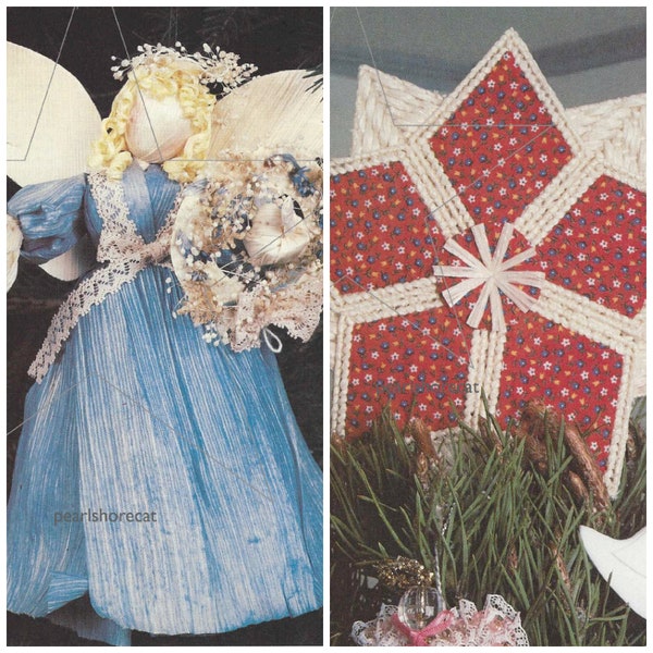 2 Christmas Tree Topper Pattern pdfs Instant Digital Download, Vintage Cornhusk Angel and Patchwork Star Holiday Craft with 80s Vibes!