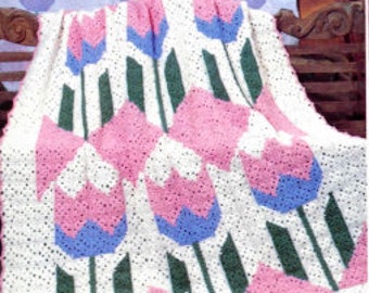 Granny Square Tulips Crochet Blanket Pattern pdf Instant Digital Download  50x59 Retro Pink and Blue Afghan