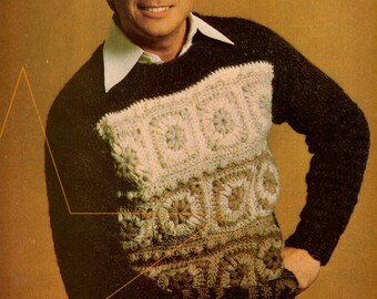 Business Casual Men’s Ombre Granny Squares Sweater Crochet Pattern, Instant Digital Download pdf, 1970s Retro Crewneck Pullover 38 40 42"