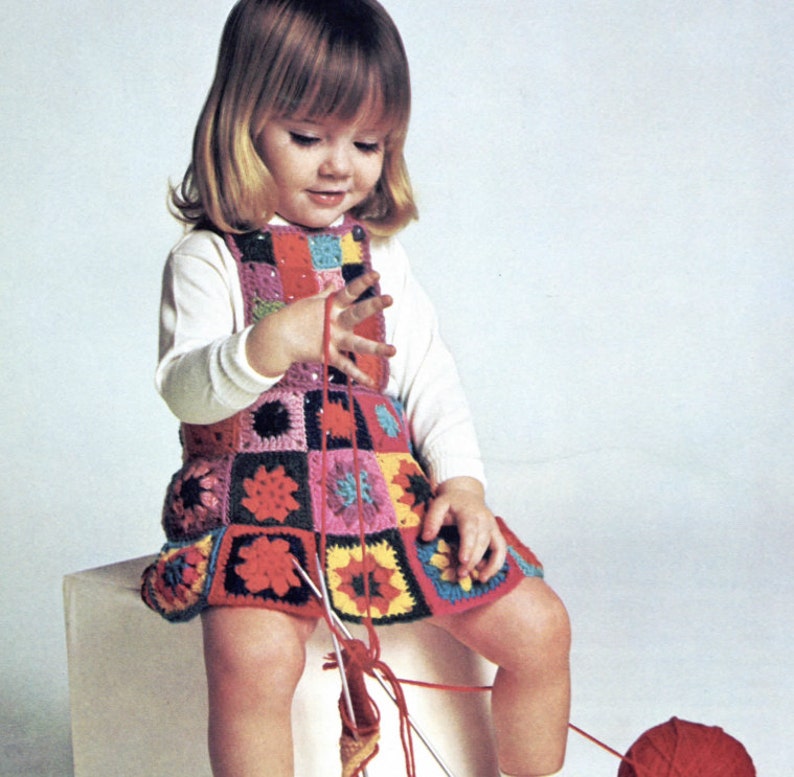 Toddler Granny Square Dress Crocheted Pattern, Instant Digital Download pdf, Vintage Girls Jumper, Retro Playtime Vibes image 6