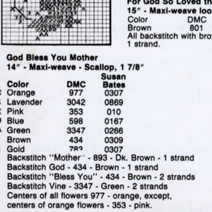 Peut inclure: Un diagramme de point de croix pour "God Bless You Mother" avec des instructions pour les couleurs et les points. Le motif est pour un galet maxi-weave de 14 pouces, 1 7/8 pouces de haut. Le diagramme comprend les couleurs de fil DMC et les tailles d'aiguilles Susan Bates.