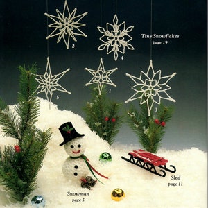 7 Whimsical Crochet Patterns for Retro Winter Decor - 5 Snowflakes, Snowman, and Sled pdf Instant Digital Download