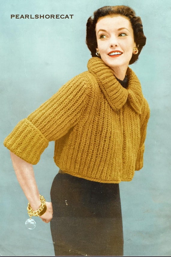 1950s Chunky Knit Sweater Pattern, Cropped Cardigan Instant Digital Download pdf, Vintage Bulky Bolero Mid Century Modern 34 36 38