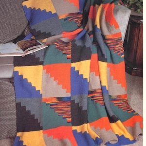 Modèle PDF de couverture tricotée géométrique style sud-ouest | Couverture afghane vintage années 1980 | Jeté tricoté jacquard | Décoration désertique moderne