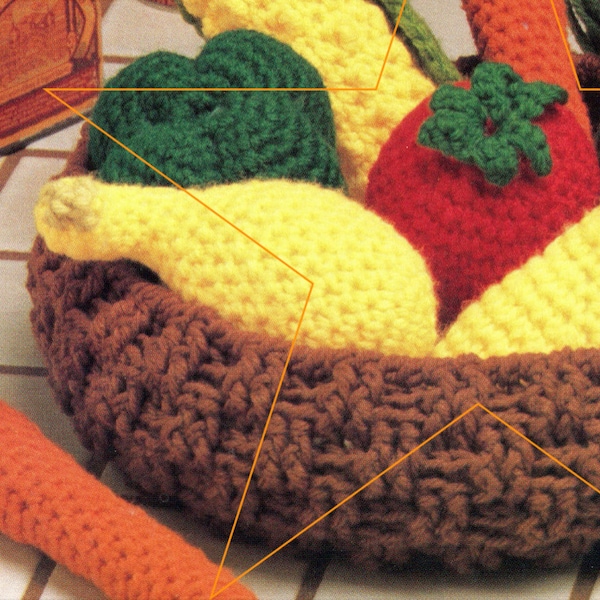 6 Easy Veggie Basket and Food Crochet Pattern Set, Instant Digital Download pdf, Fall and Thanksgiving Tabletop Decor