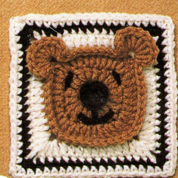 Sweet Face Teddy Bear Granny Square Crochet Pattern Motif PDF Instant Download 5" Inch Blanket Pillow Afghan 3 Yarn Options Instructions