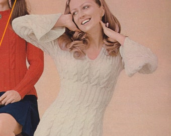 Groovy Cable Knit Dress Pattern Retro Modern Mini Instant Digital Download pdf Fair Isle Knitting Instructions Bust 37" 40" 44" SML So Cute!