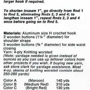 May include: Crochet pattern instructions with gauge information, materials list, and yarn colour options with yardage requirements. Gauge: 13 sts=5 inches; 11 rows=5 inches